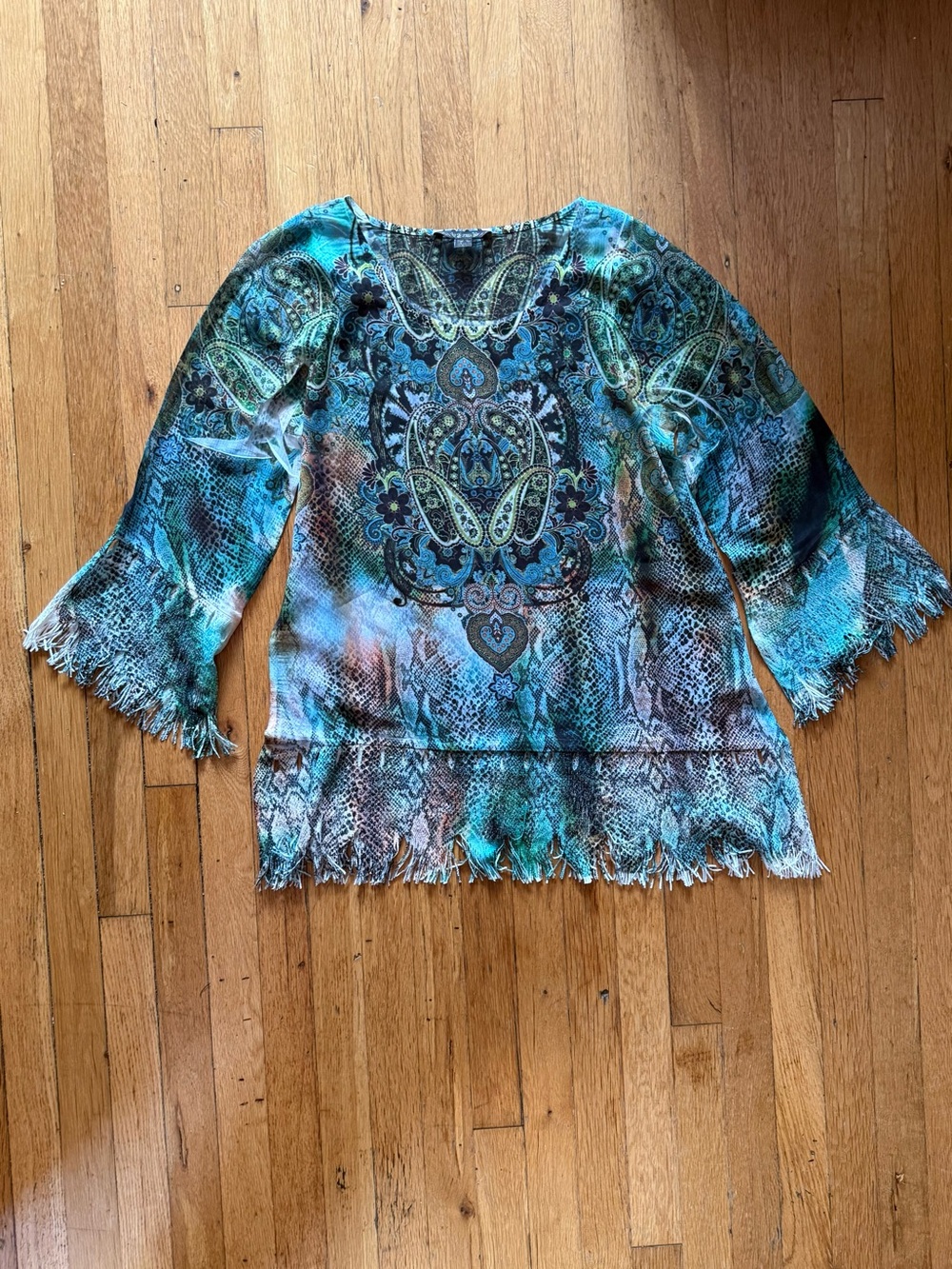 Boho Paisley Fringe Tunic Top in Teal and Turquoise